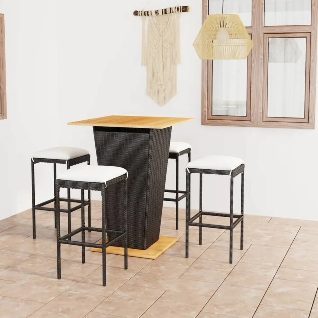 vidaXL 5 pcs conjunto de bar p/ jardim c/ almofadões vime PE preto