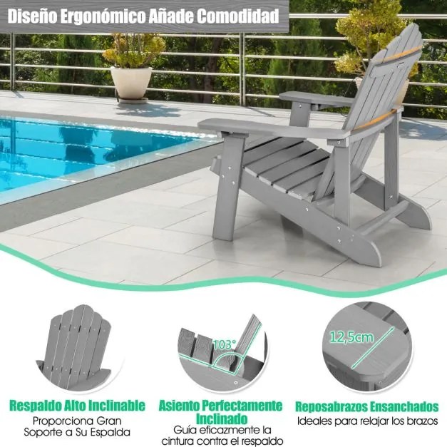 Cadeira de jardim Adirondack com suporte para copos em madeira de grão resistente às intempéries, jardim e terraço Cinzenta