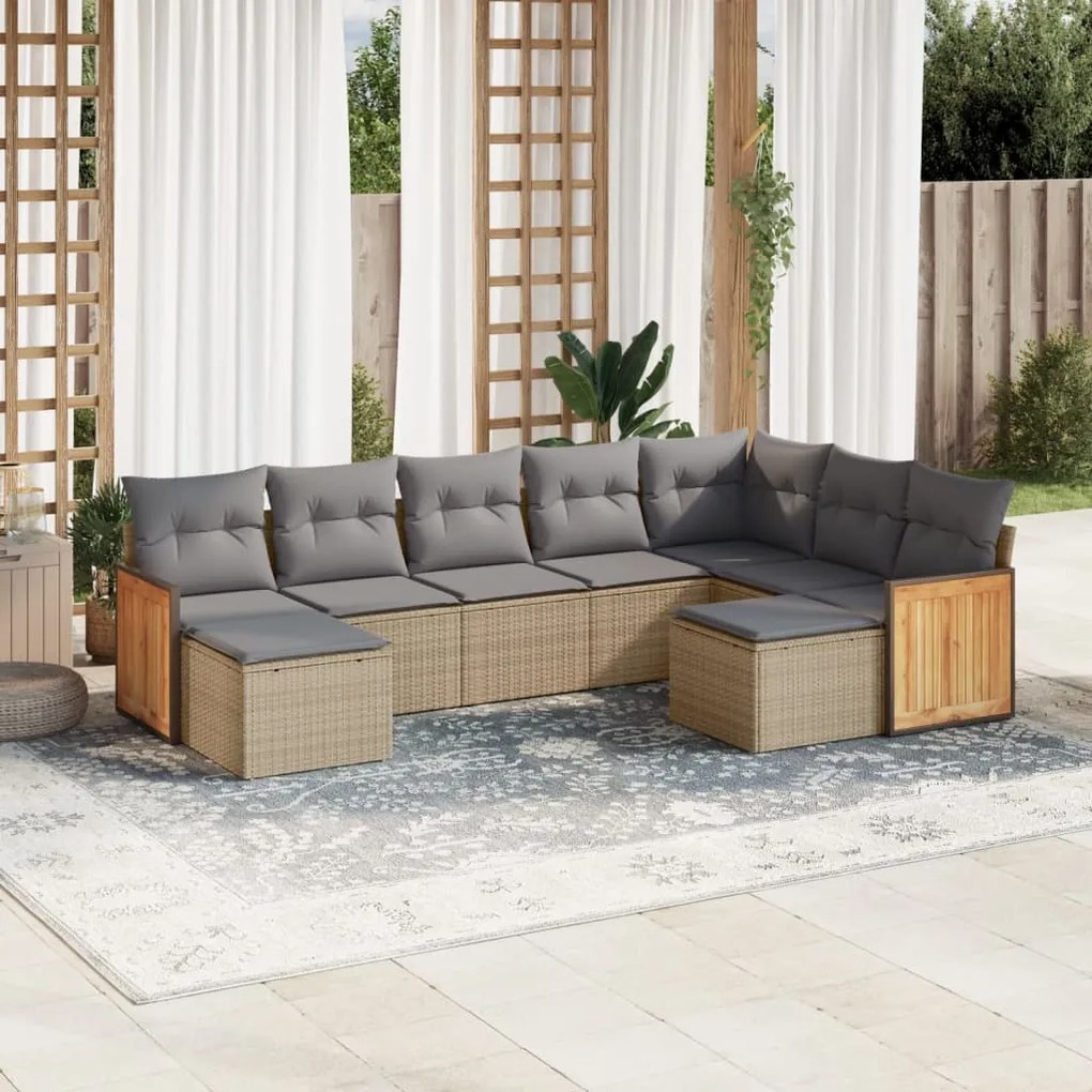 9 pcs conjunto de sofás p/ jardim com almofadões vime PE bege