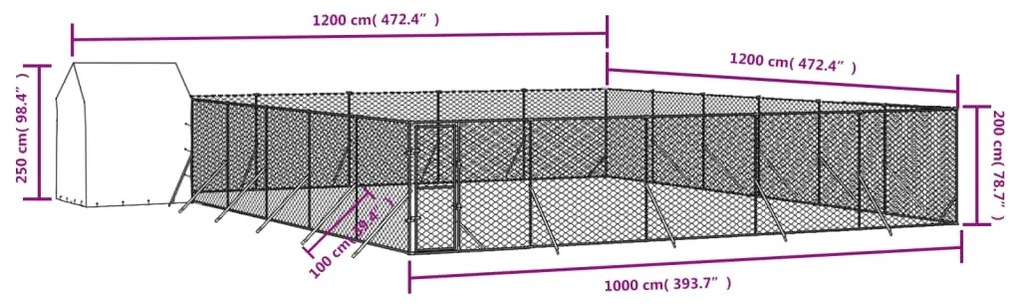 Canil de exterior com teto 12x12x2,5 m aço galvanizado prateado