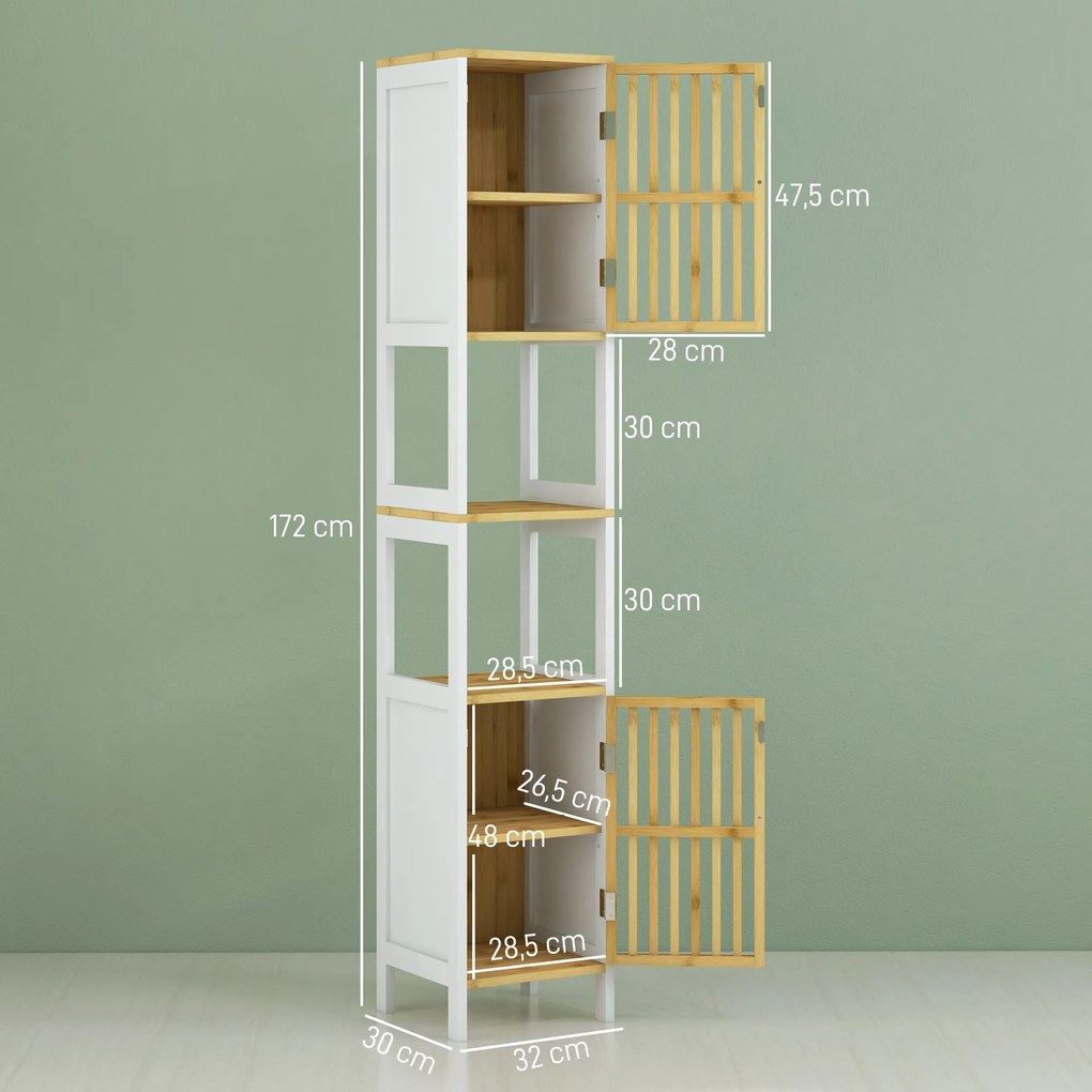 Coluna alta de Casa de Banho com 2 Estantes Abertos 2 Armários com Portas de Ripas e Prateleiras Ajustáveis 32x30x172 cm Branco