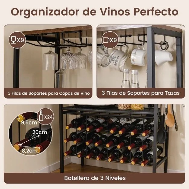 Garrafeira com tomada elétrica 75 x 33 x 165 cm, suportes para copos e chávenas, 3 prateleiras e 8 ganchos para cozinha, castanho