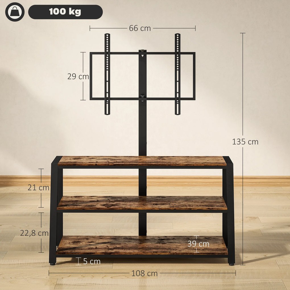 Móvel de TV com Suporte, 108 x 41 x 135 cm, Ângulo Ajustável de 35°, Castanho