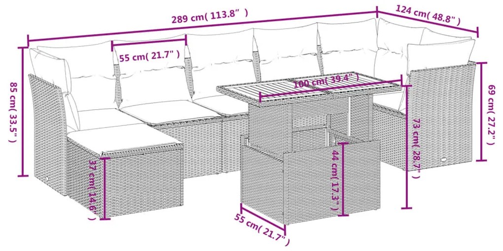 8 pcs conjunto sofás de jardim com almofadões vime PE preto