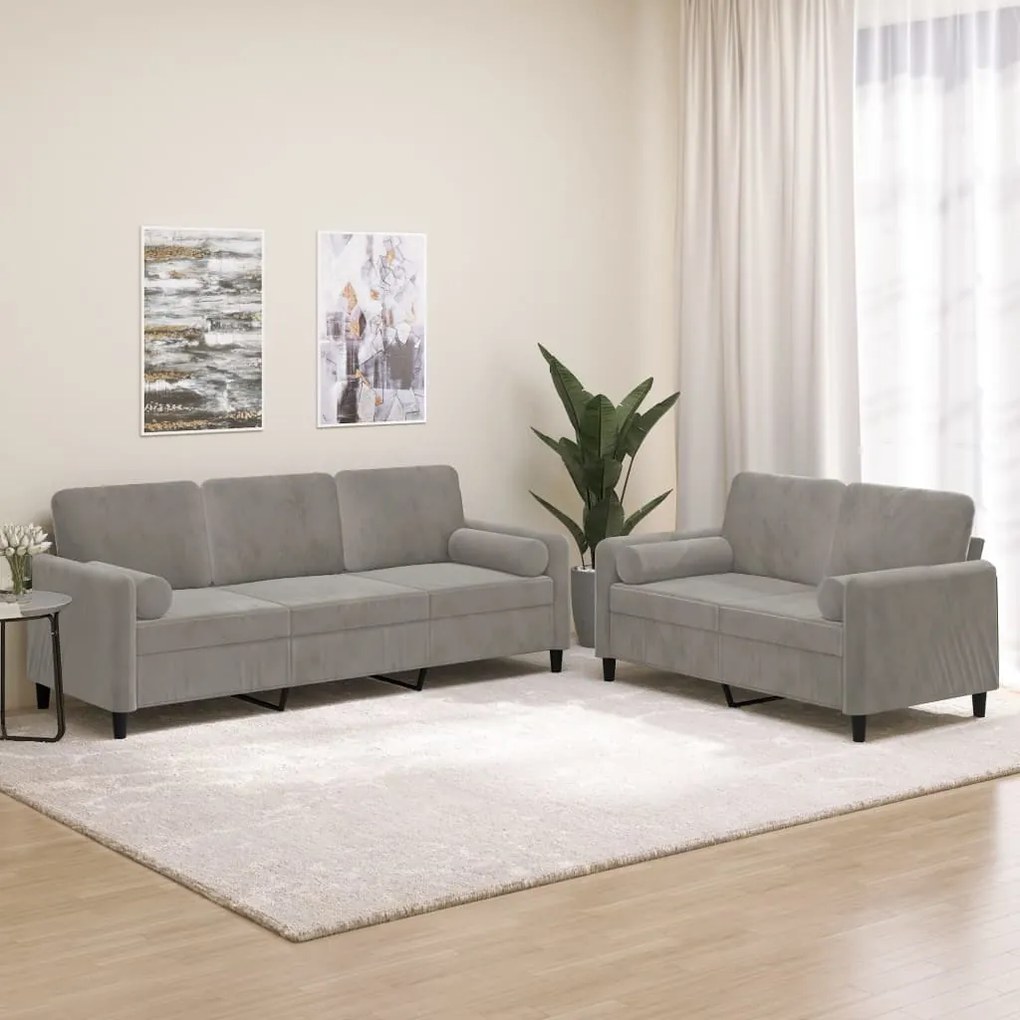 vidaXL 2 pcs conjunto sofás c/ almofadas/almofadões veludo cinza-claro