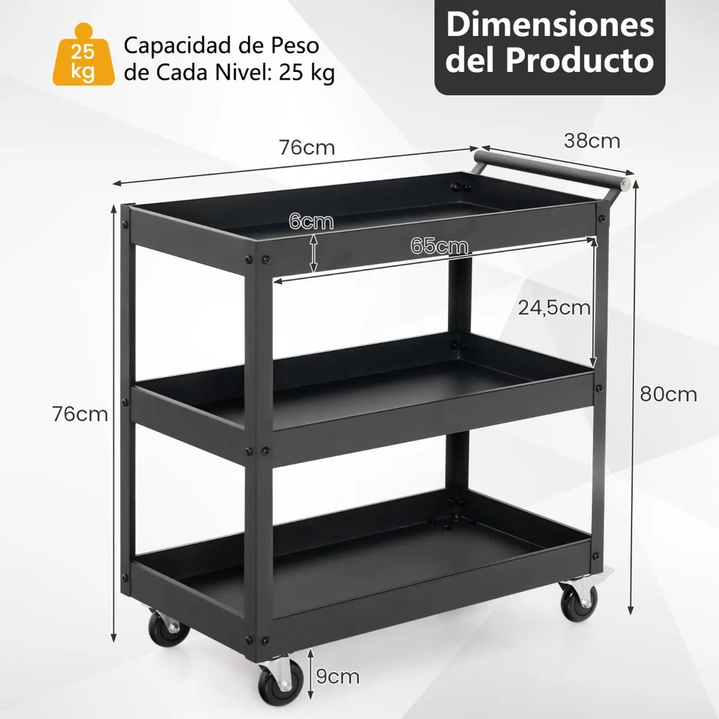 Carrinho de metal multifuncional 77,5 x 38 x 79 cm com 3 prateleiras e pega ergonómica Rodas para escritório ou garagem Preto