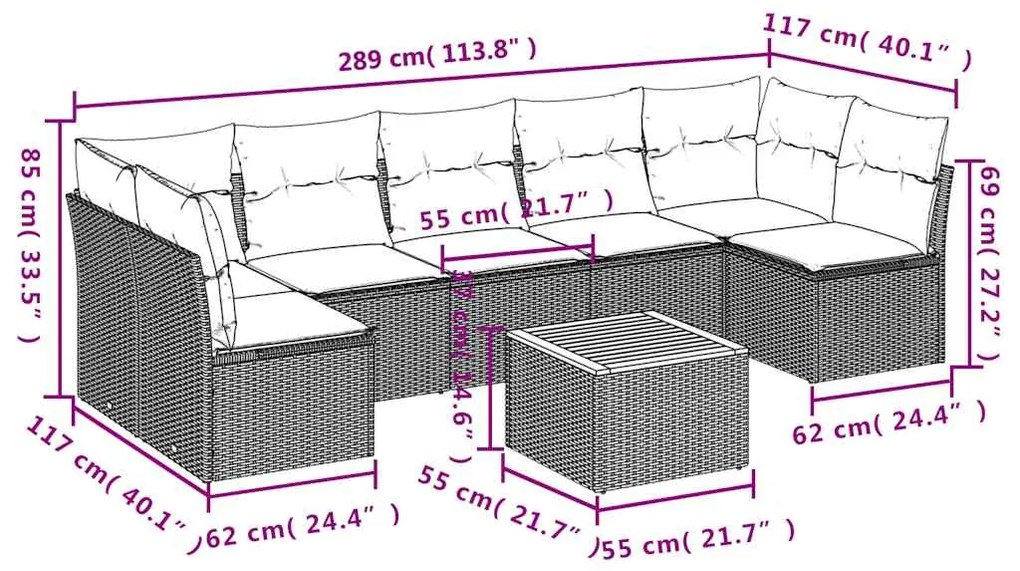 8 pcs conjunto sofás p/ jardim c/ almofadões vime PE cinzento
