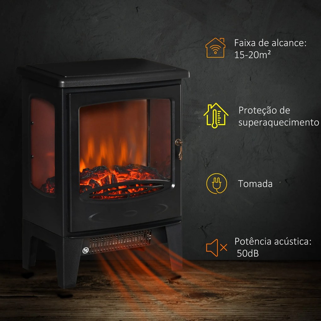 Lareira Elétrica "Porto" – 900W/1800W – 39x26x54,8 cm – Preto – Efeito