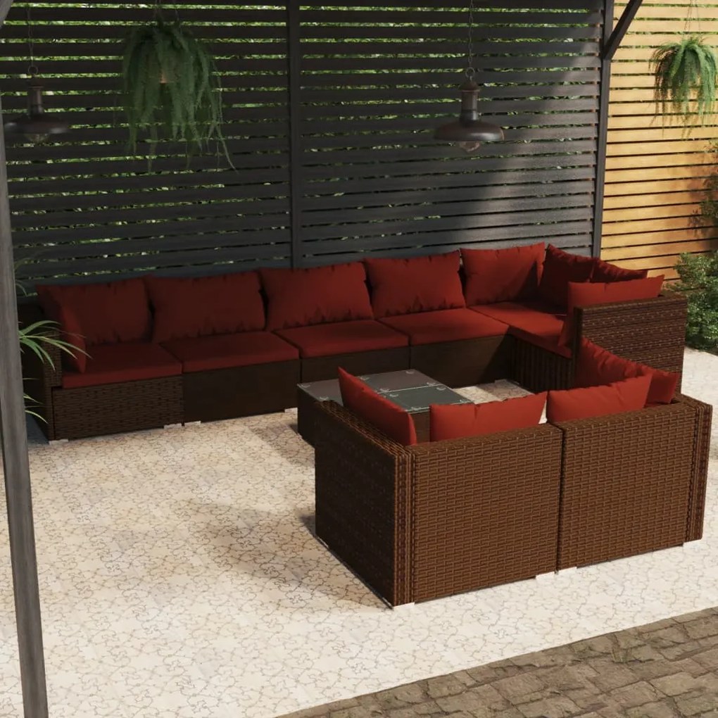 vidaXL 9 pcs conjunto lounge jardim c/ almofadões vime PE castanho