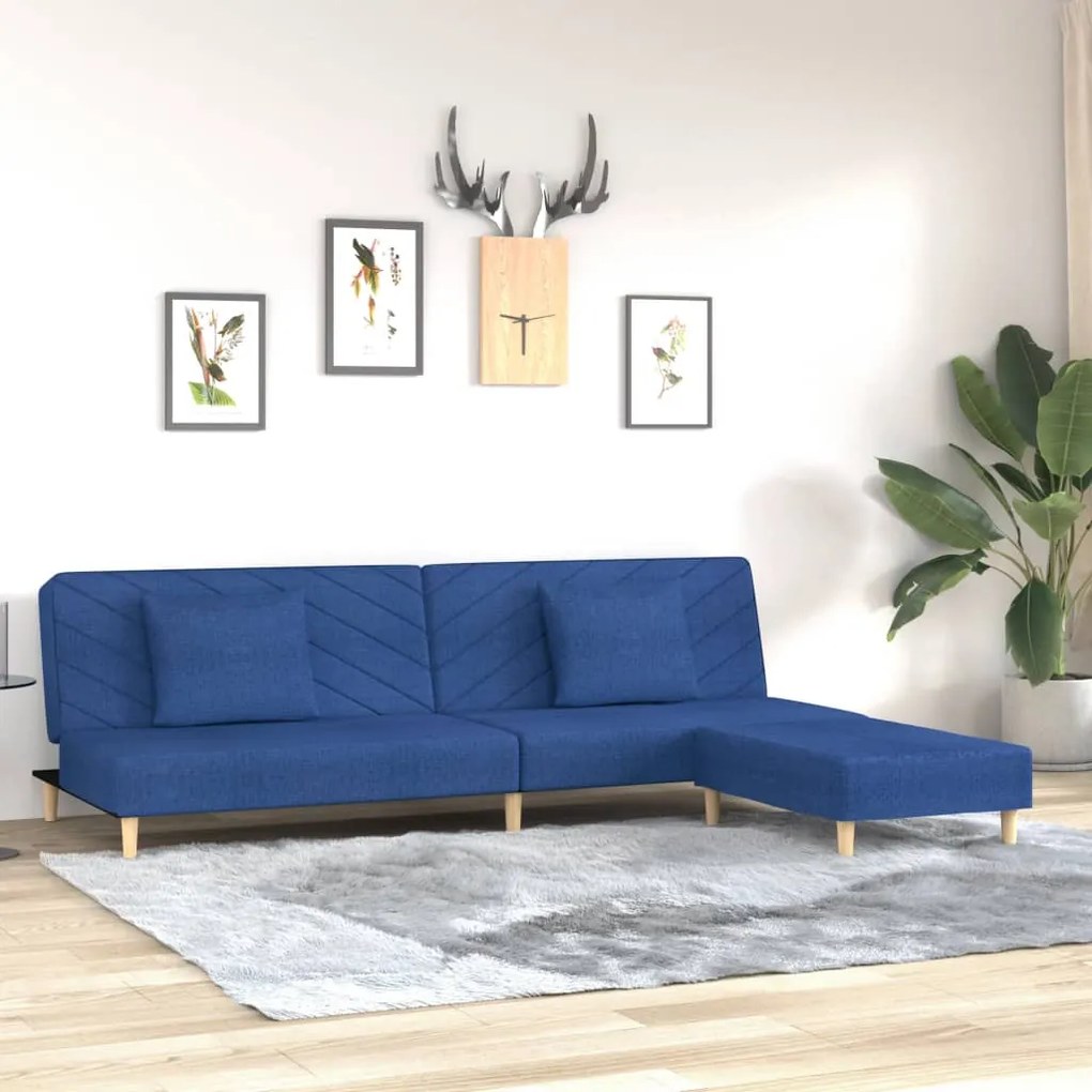 vidaXL Sofá-cama de 2 lugares com 2 almofadas/apoio de pés tecido azul
