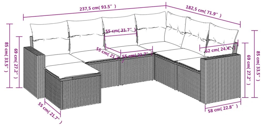 7 pcs conjunto de sofás p/ jardim com almofadões vime PE bege