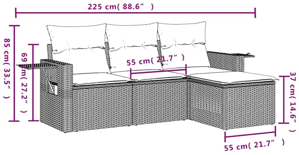 4 pcs conj. sofás jardim c/ almofadões vime PE cinzento-claro