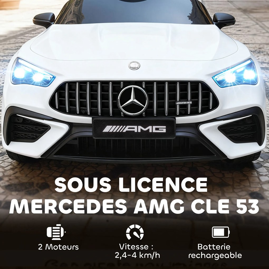 Carro elétrico infantil Mercedes AMG CLE 53, 12 V, 2 motores, crianças 2 a 6 anos comando à distância para os pais de 2,4 GHz, 99 x 55 x 43 cm, branco
