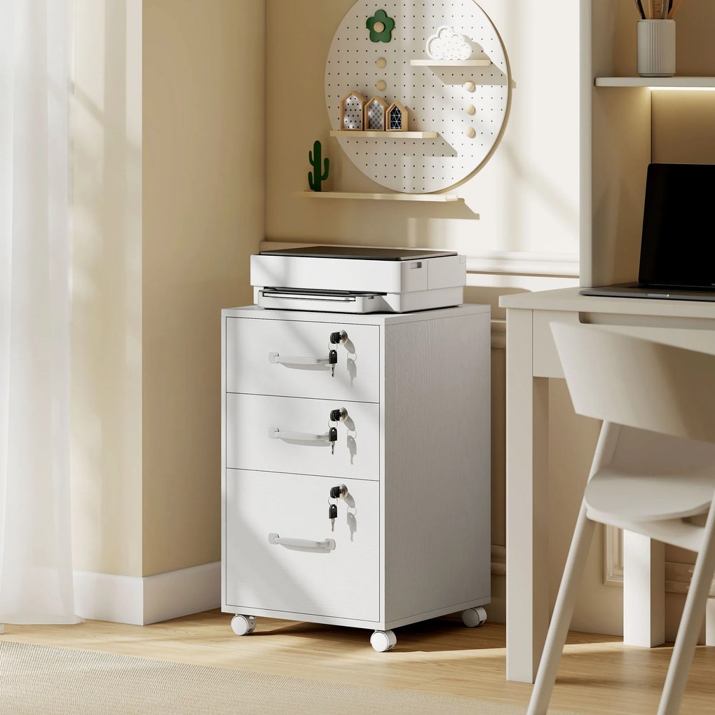 Bloco gavetas de Secretária com Rodas, 40 x 40 x 69,5 cm, 3 Gavetas com Fechadura, Branco