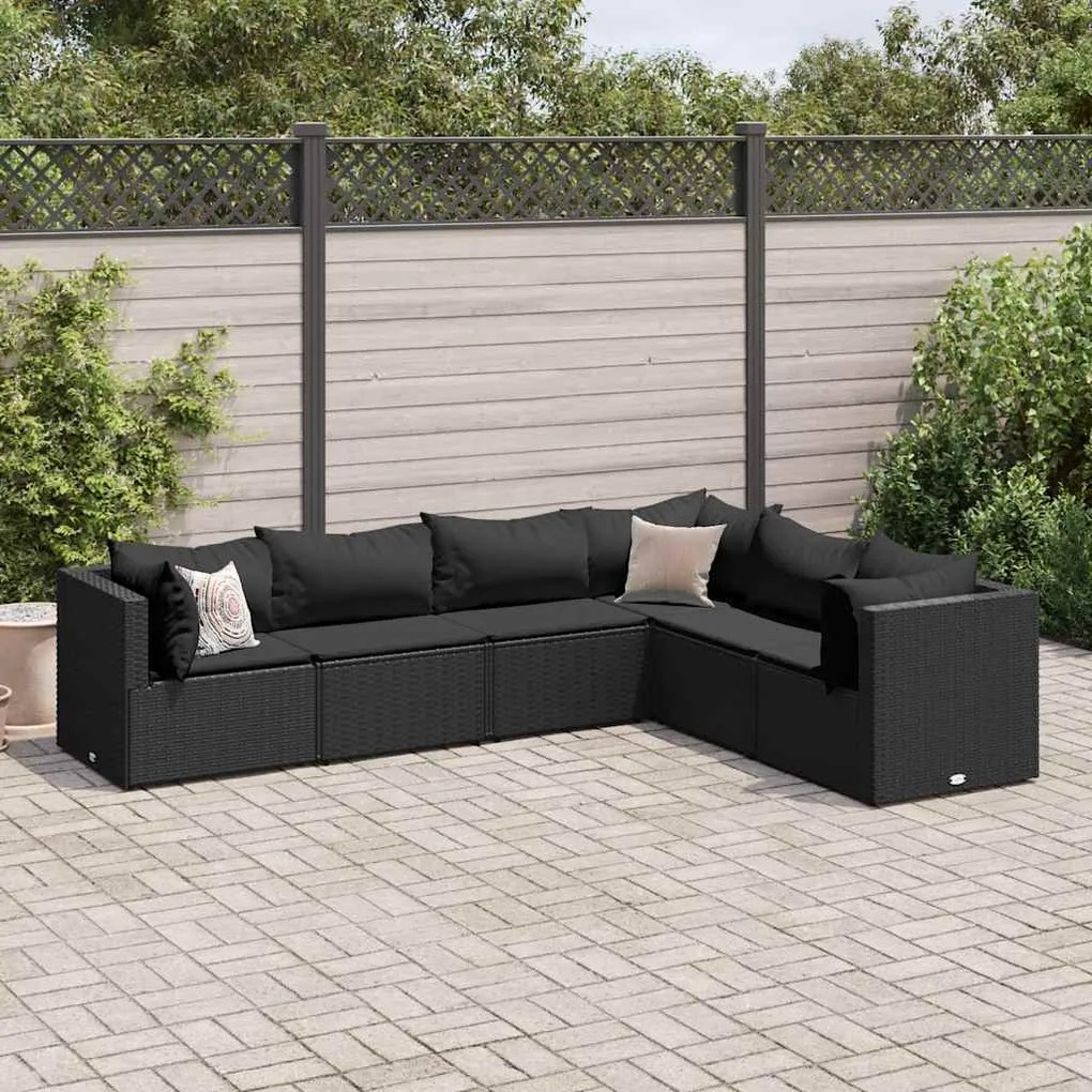 vidaXL 6 pcs conjunto lounge de jardim c/ almofadões vime PE preto