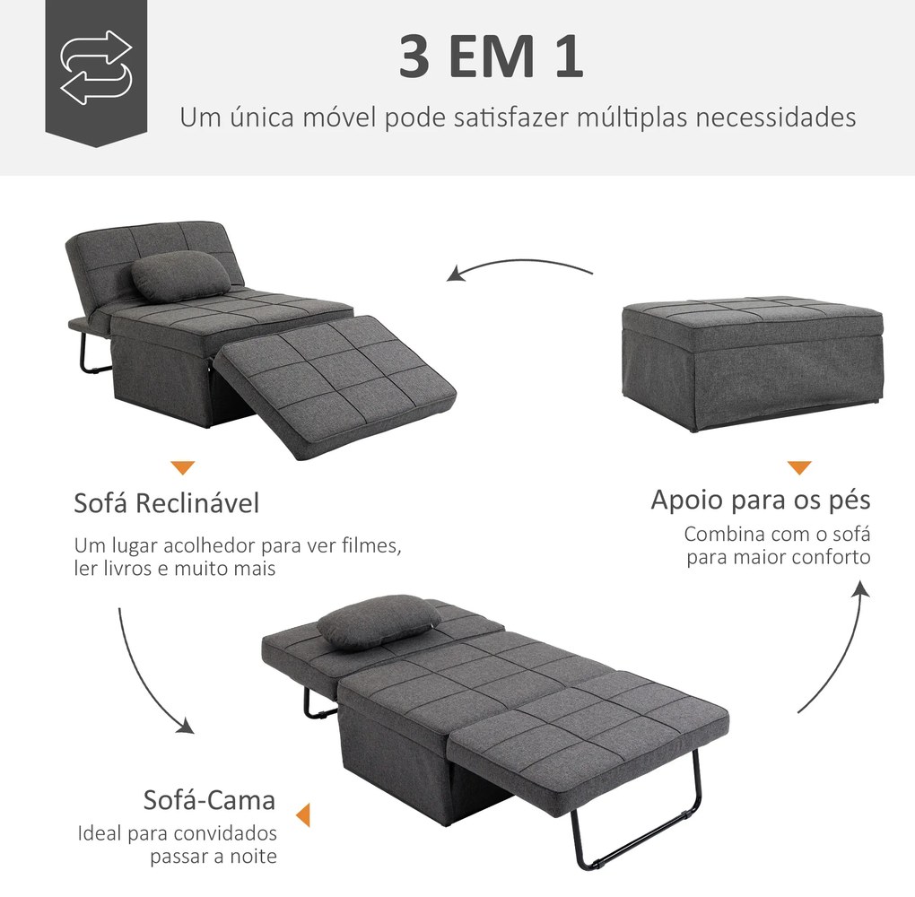 Sofá Cama Individual 3 em 1 Estofado em Linho Sofá Reclinável em 5 Posições com Apoio para os Pés e Apoio para a Cabeça para Sala de Estar Carga Máxim