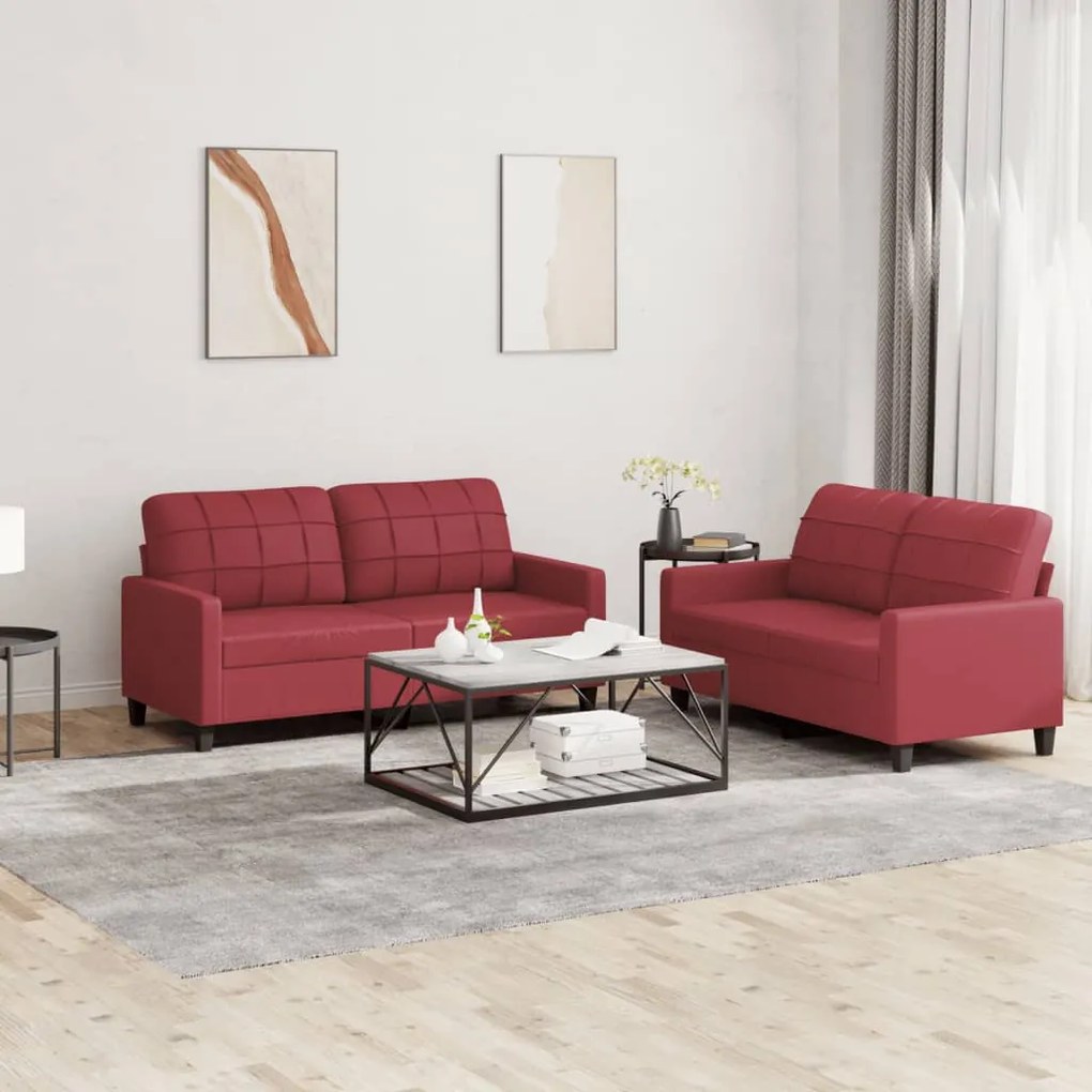 3201361 vidaXL 2 pcs conjunto sofás c/ almofadões couro artif. vermelho tinto