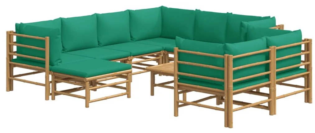 10 pcs conjunto lounge de jardim bambu c/ almofadões verdes