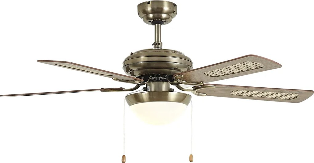 Ventilador de teto latão com impressão de madeira e rattan 105cm com interruptor de tração - Mistral Majas