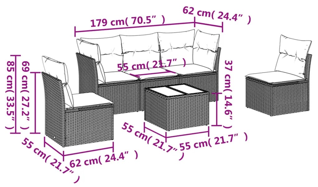 6 pcs conjunto de sofás jardim c/ almofadões vime PE castanho