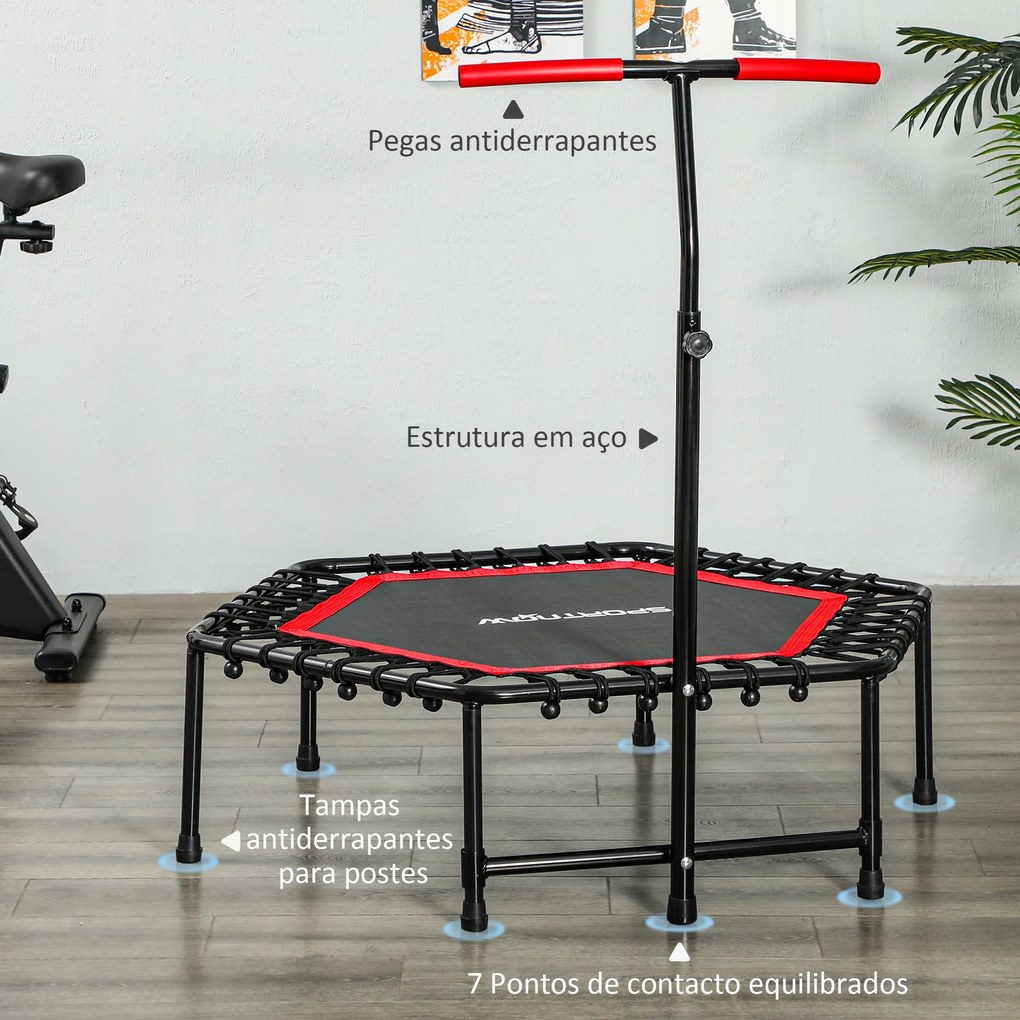 Trampolim Fitness 114x114x132 cm com Guiador Ajustável em 3 Níveis Estrutura de Aço para Treino de Perna Corpo Vermelho