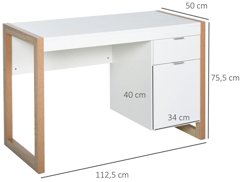 HOMCOM Mesa de Computador com Gaveta Armário Pés em Forma Retangular112,5x50x75,5 cm Branco e Madeira | Aosom Portugal