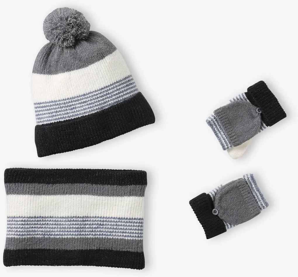 Conjunto às riscas, gorro + gola snood + luvas, para menino cinzento