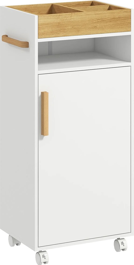 kleankin Armário Casa de Banho Moderno com Prateleiras Ajustáveis Armário Bandeja Amovível e Rodas 40x30x88 cm Branco e Carvalho | Aosom Portugal