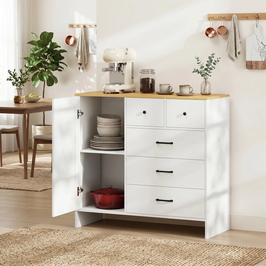Aparador de cozinha 100 x 40 x 94 cm, móvel de arrumação com 5 gavetas e porta, estilo rústico, branco