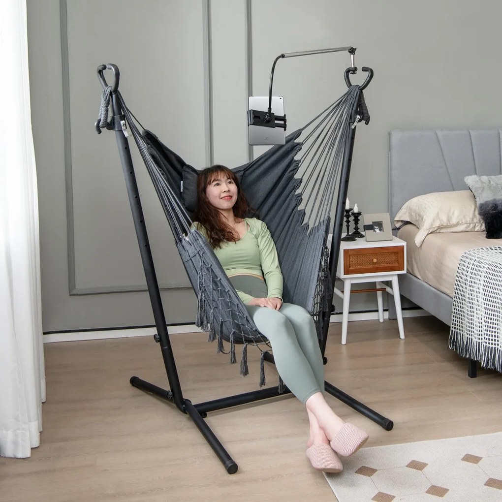 Rede descanso jardim com Suporte e Porta-Telemóvel Suspensa com Altura Ajustável Almofada e Bolso Lateral 152 x 107 x 96-146 cm Cinza