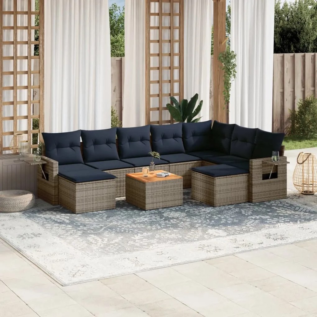 vidaXL 10 pcs conjunto sofás p/ jardim c/ almofadões vime PE cinzento
