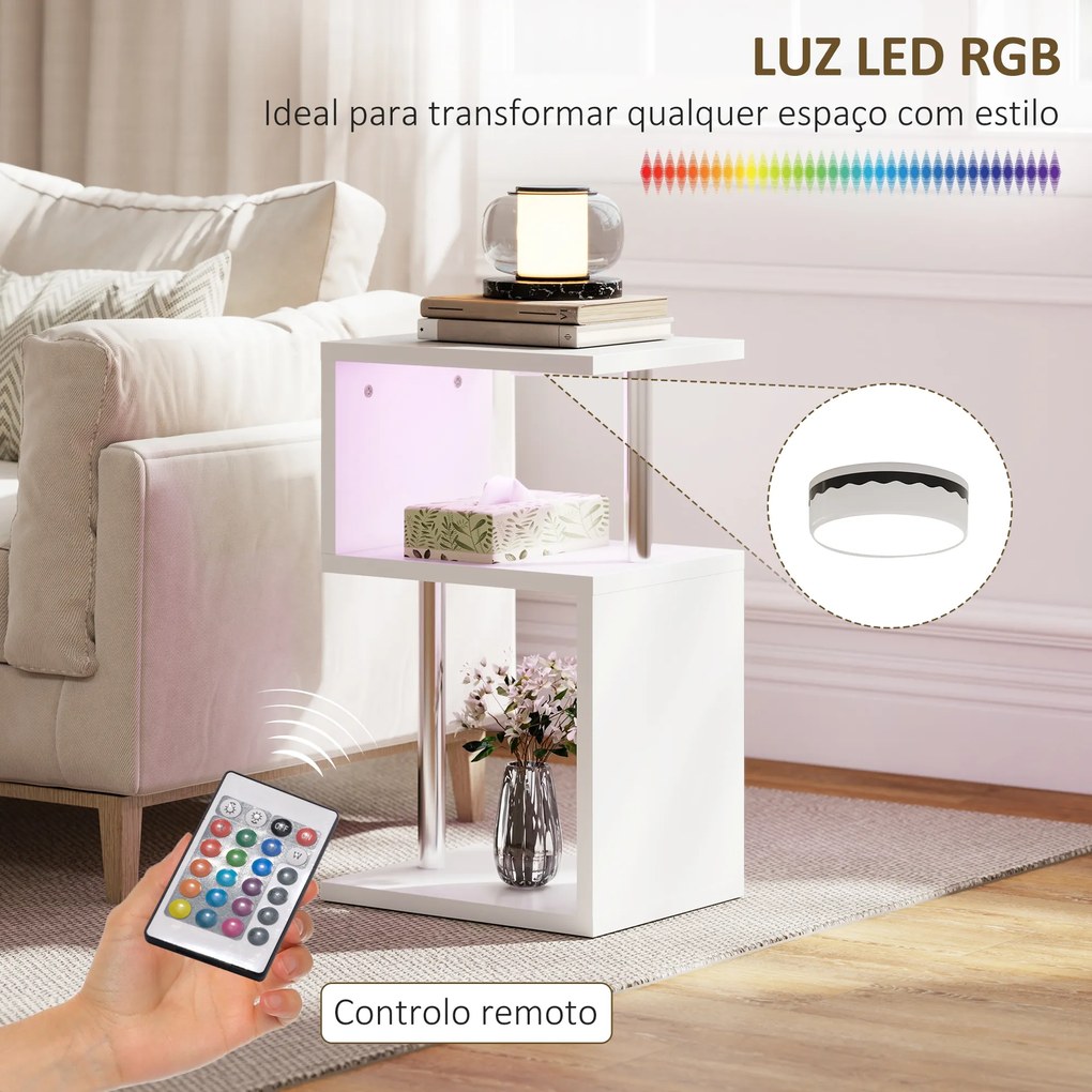 Mesa Auxiliar com Luz LED 3 Níveis Forma de S Prateleiras Abertas e Estrutura em Alumínio 44x38x75 cm Branco