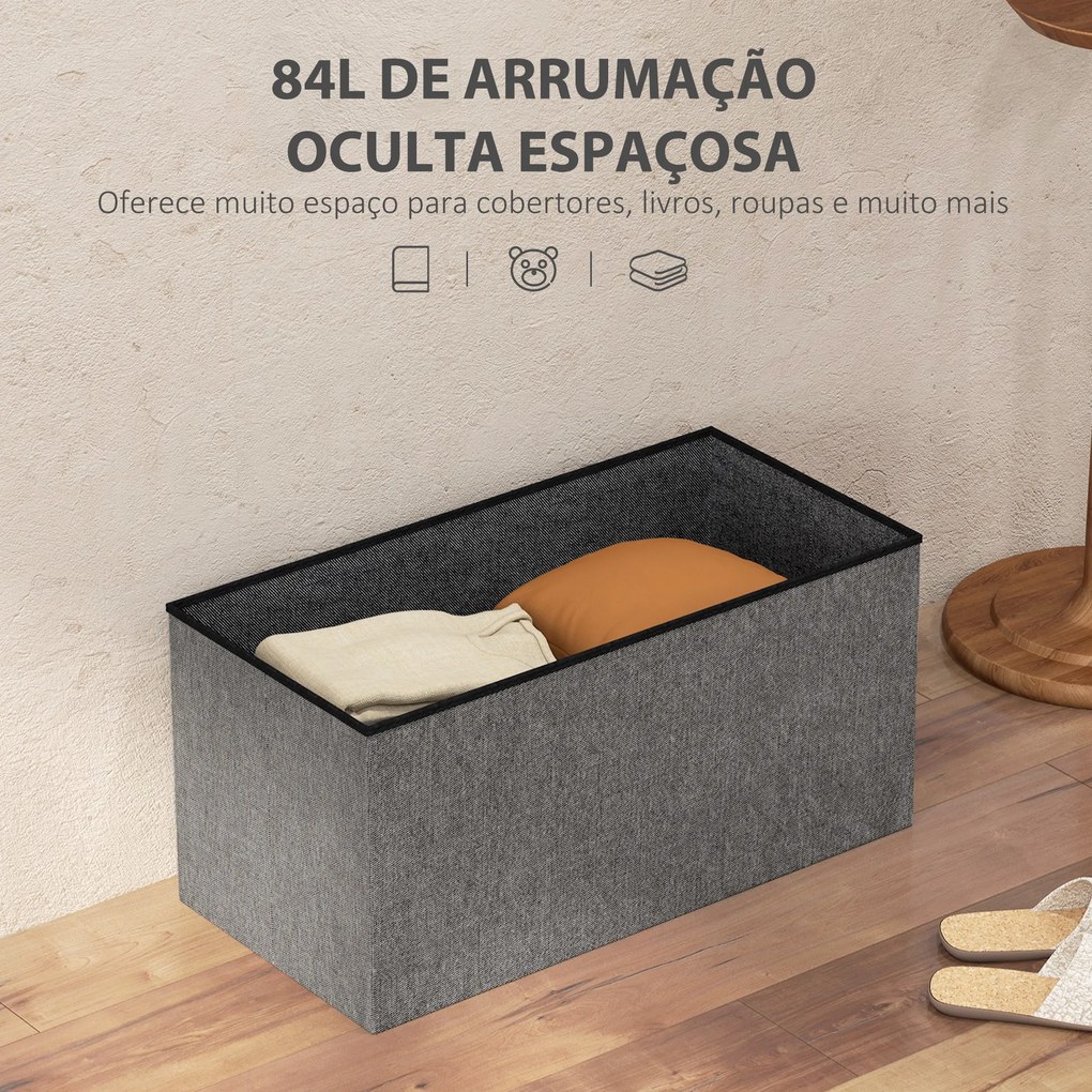 Baú de Armazenamento para Dormitório 84L Puff de Armazenamento Dobrável Estofado em Linho Sintético 76x38x38 cm Cinza Escuro