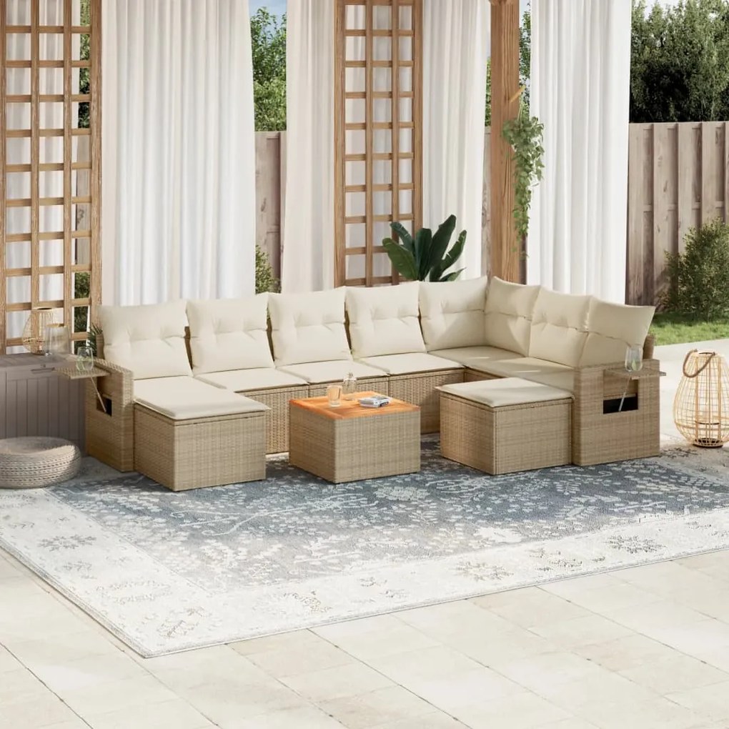 10 pcs conjunto de sofás p/ jardim com almofadões vime PE bege