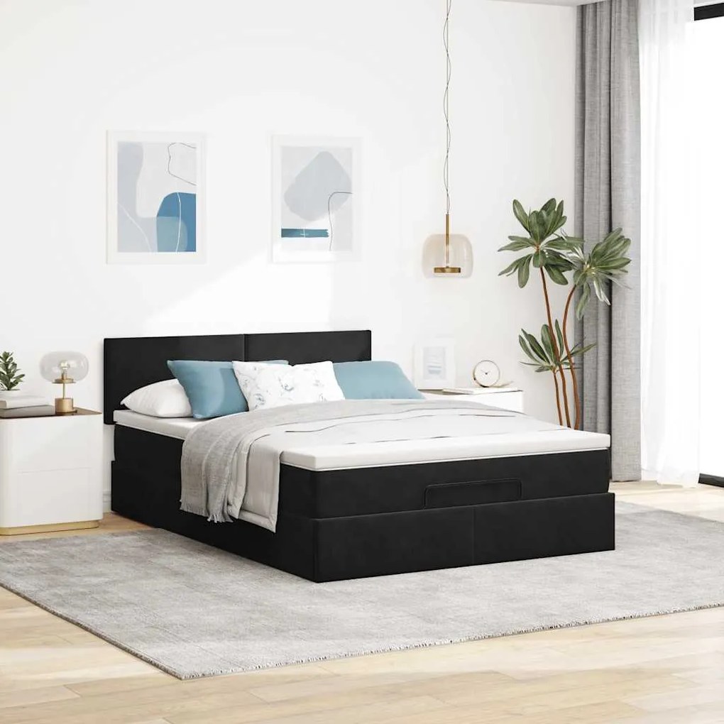Estrutura de cama otomana com colchão 140x190 cm veludo preto