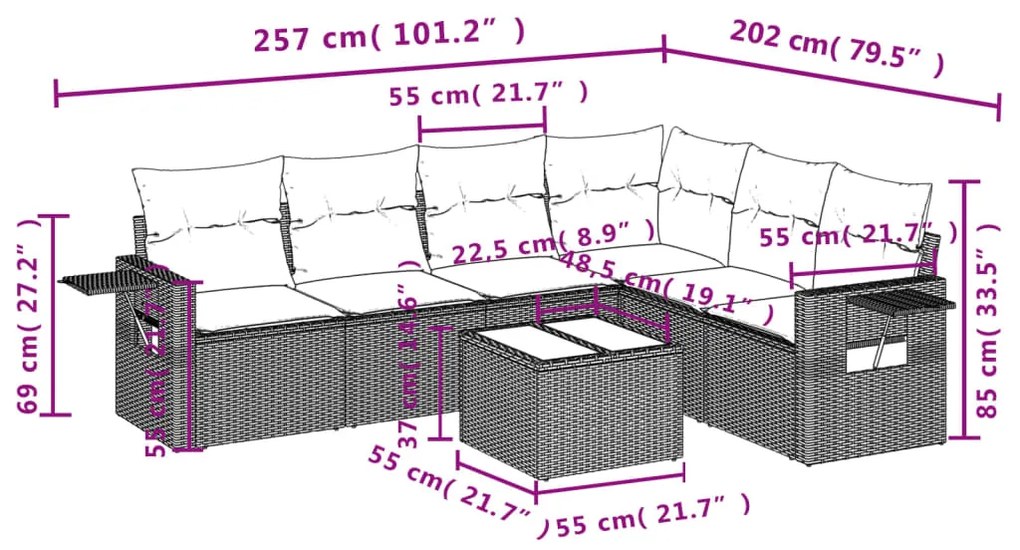 7 pcs conjunto sofás p/ jardim c/ almofadões vime PE cinzento
