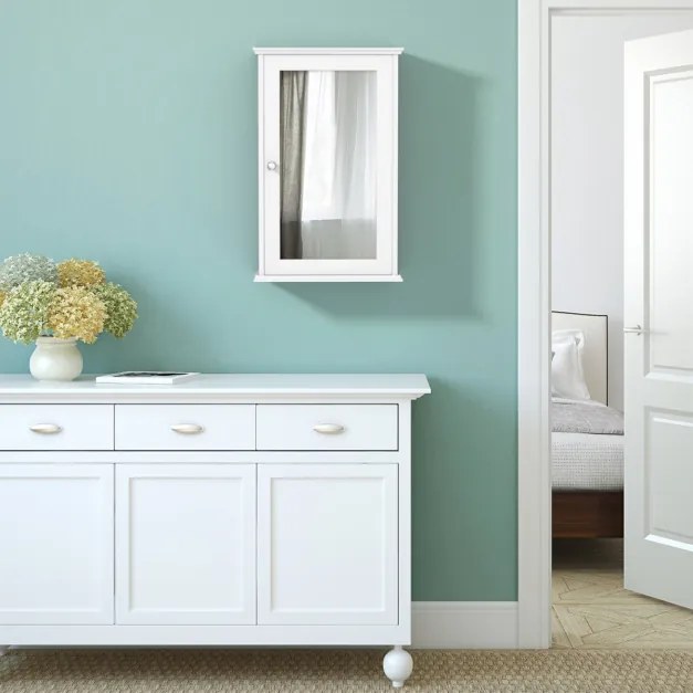 Espelho de casa de banho de parede com porta única e prateleira ajustável para casa de banho cozinha34 x 15 x 51 cm  branco