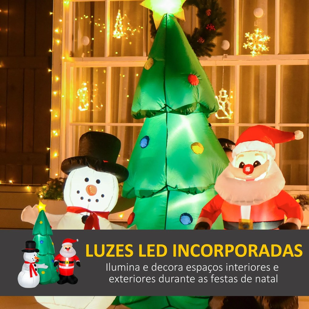 Árvore de Natal Inflável 185cm com Luzes LED Pai Natal e Boneco de Nev