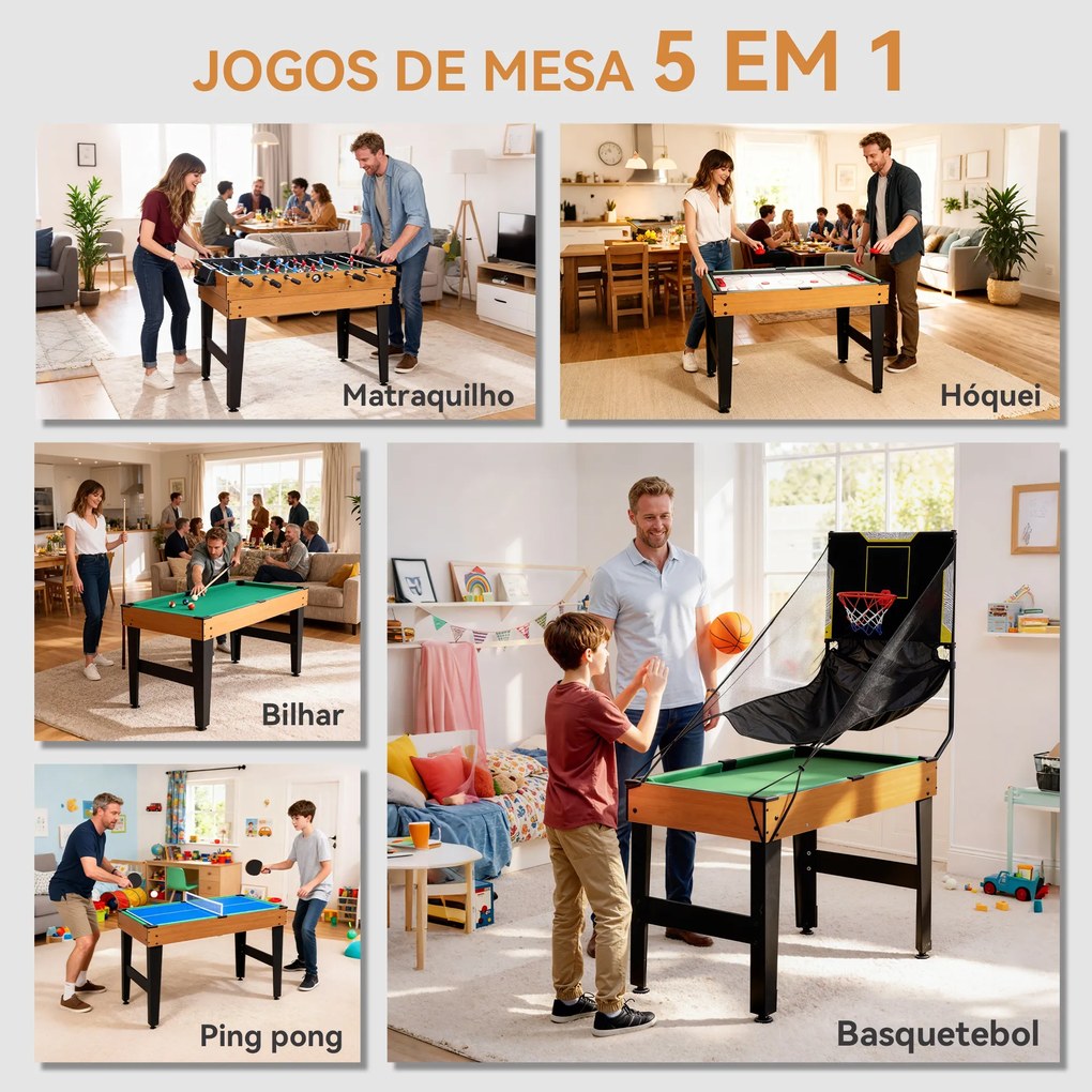 Mesa Multijogos 5 em 1 Mesa de Jogo com Matraquilho Bilhar Ping-Pong Hóquei e Basquetebol 134x108x144 cm Madeira e Preto