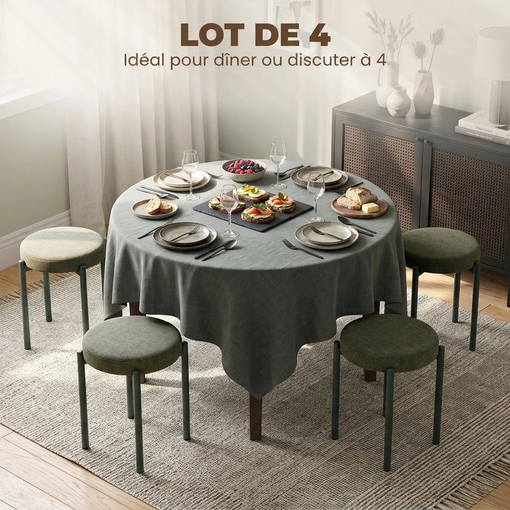 Conjunto de 4 Bancos Redondos Empilháveis (MESA NÃO INCLUIDA), 45 x 45 x 47,5 cm, Assento Estofado, Verde Escuro