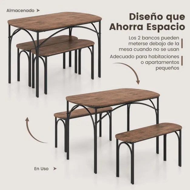 Conjunto de mesa de jantar de 3 peças para 4 pessoas Mesa retangular de madeira e 2 bancos com estrutura metálica  castanho