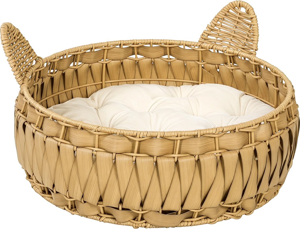 PawHut Cama de Rattan para Gatos caverna com almofada removível, Cesto para gatos até 10 kg, 50 x 50 x 25 cm, Marrom claro | Aosom Portugal