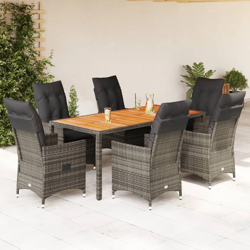 7 pcs conjunto de jantar p/ jardim c/ almofadões vime PE cinza