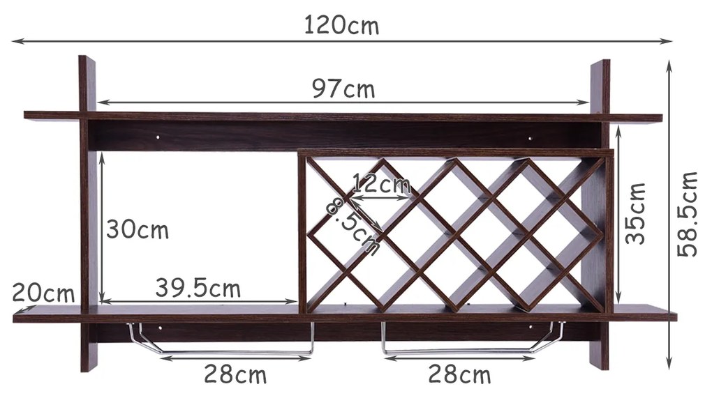 Prateleira garrafeira para garrafas de vinho de madeira de 2 camadas montado na parede para barra de adega de cozinha para 10 garrafas 120 x 58,5 x 20