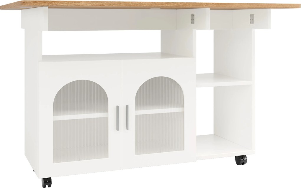 Ilha de cozinha moderna, carrinho de serviço multifuncional com espaço de arrumação e armários com portas de vidro, 120x 70x 79,5 cm, Branco＋Cor natural