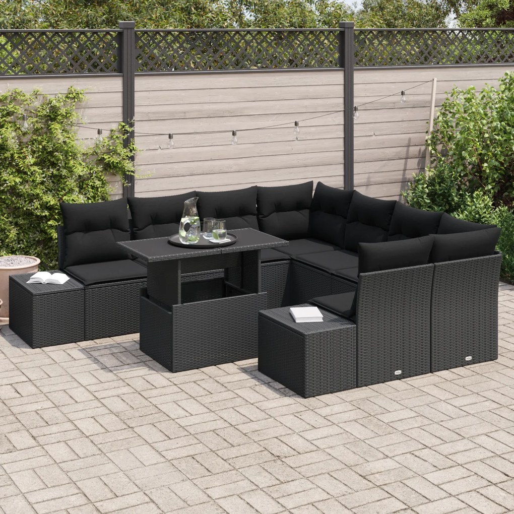 Conjunto de Sofá de Jardim de 9 Peças com Almofadas Preto em Rattan Si