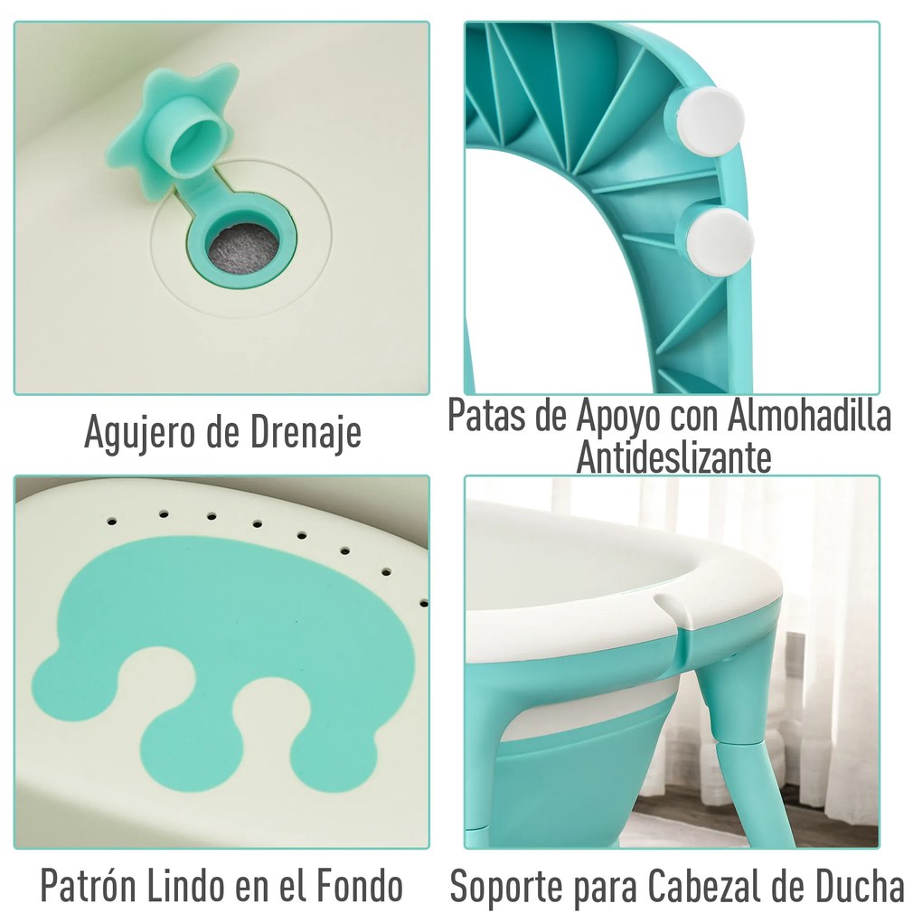 HOMCOM Banheira dobrável e portátil para bebê com recipiente para xampu bacia e banco conjunto de 4 peças de banho81,5x60x46,5 cm Verde