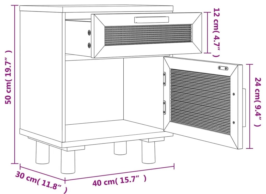 Mesa de cabeceira pinho maciço e vime natural branco