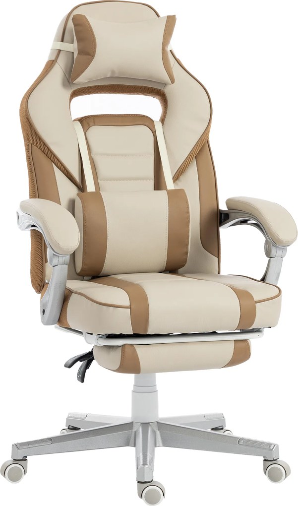 HOMCOM Cadeira Gamer Reclinável com Altura Ajustável Apoio para Pés Retrátil Suporte Lombar e Almofada de Cabeça Removível Creme | Aosom Portugal