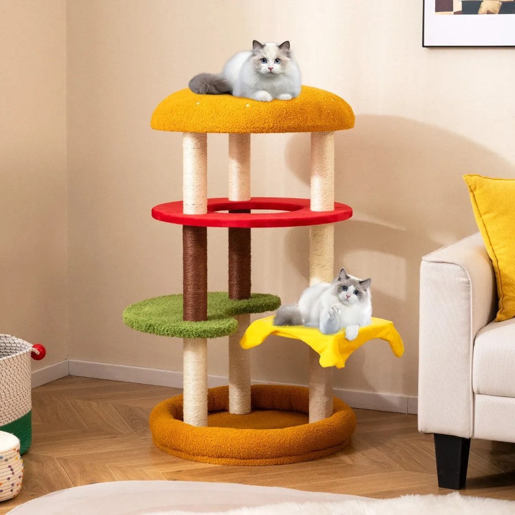 Arranhador para gatos 106 cm  com poleiro acolchoado Cama ampla Postes para arranhar em sisal Almofadas felpudas Casinha temática multicolorido